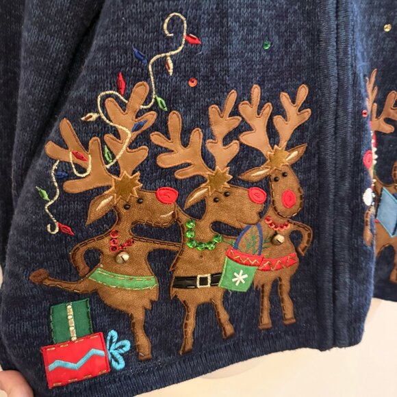VINTAGE  Blue Christmas Sweater | Singing Reindeer & Festive Lights | Tiara - Picture 8 of 10